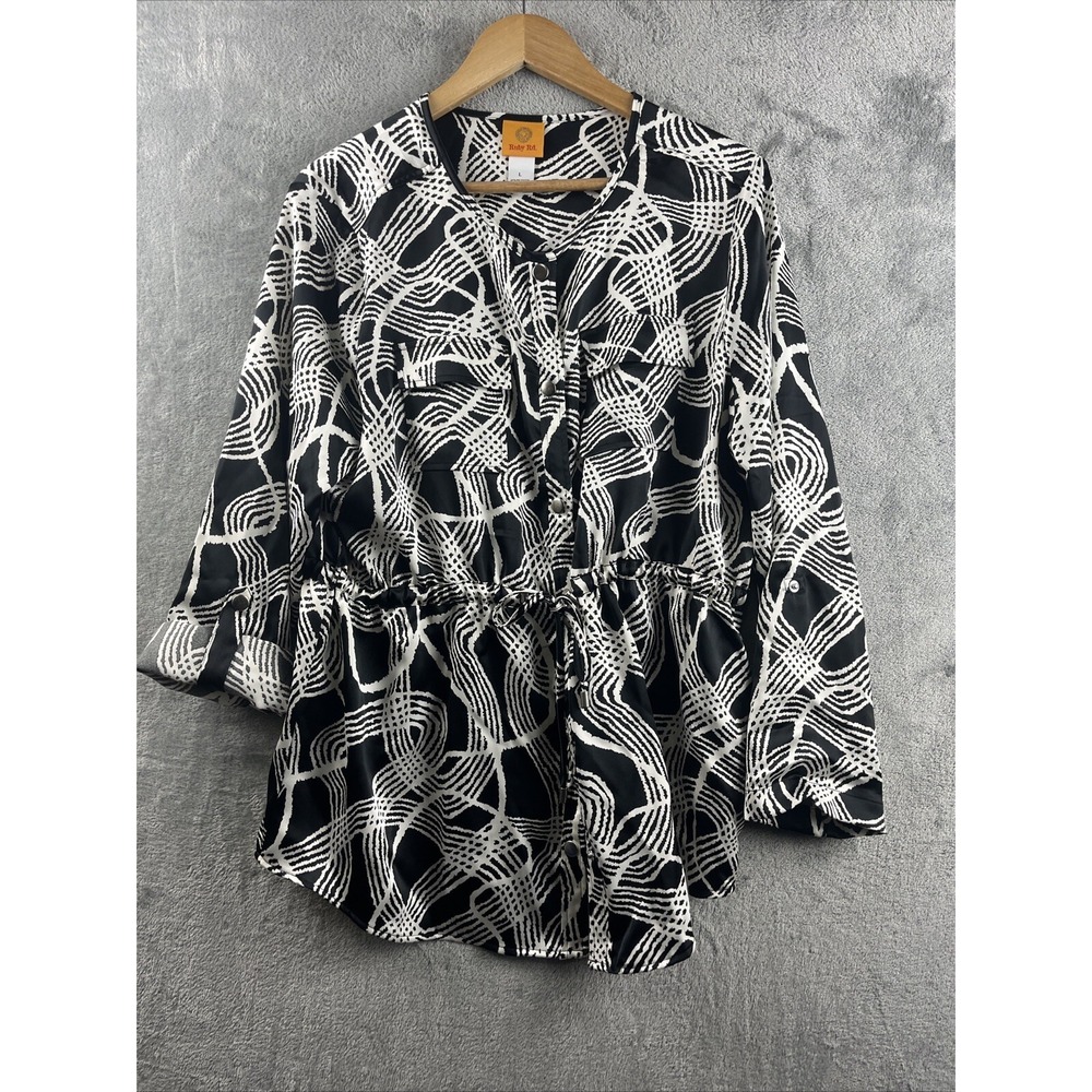 3/$20 Ruby Rd Satin Shirt Jacket SZ Large‎ Black White Midweight Abstract Tunic